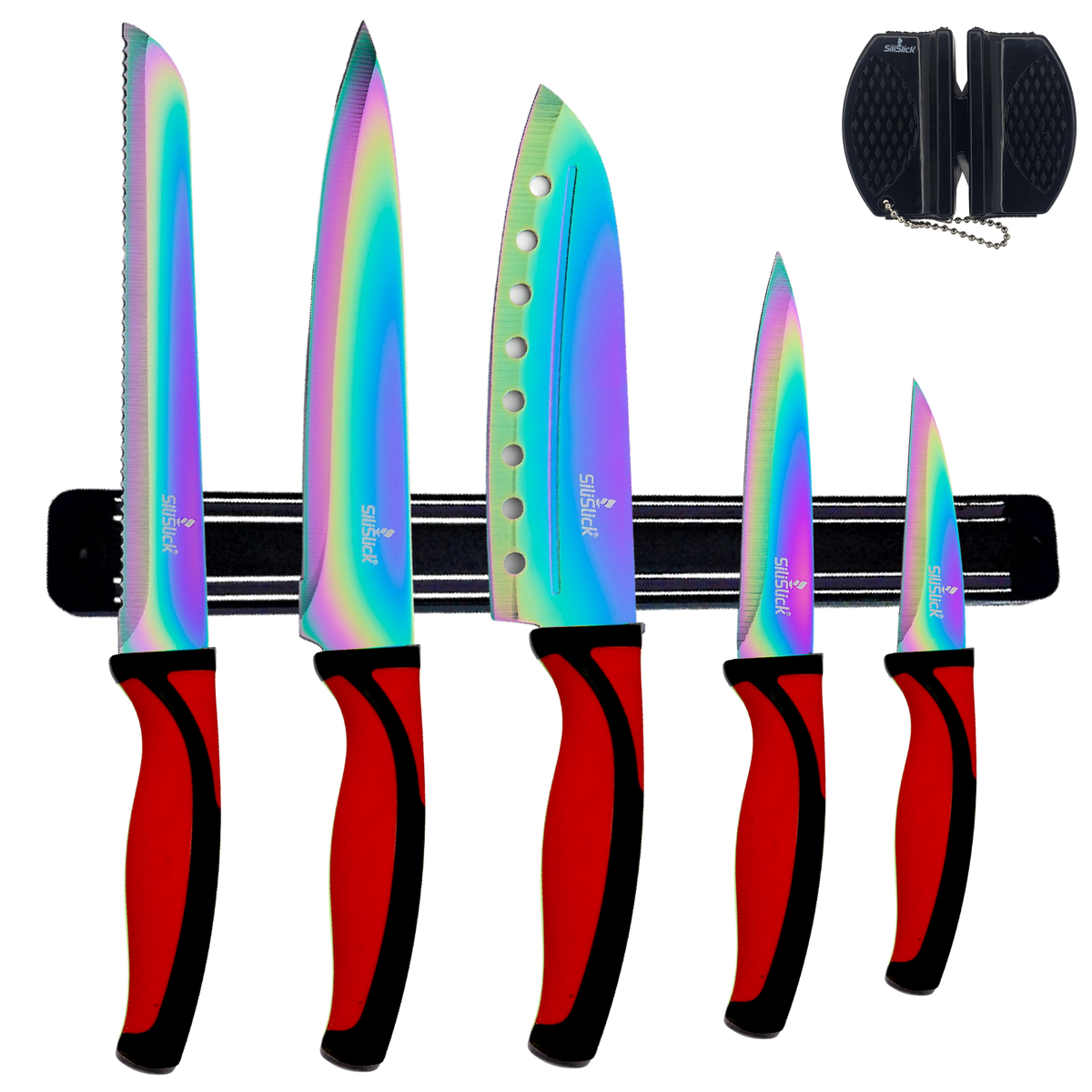Kitchen Knife Set Kit | Red Handle & Black Magnetic Rack